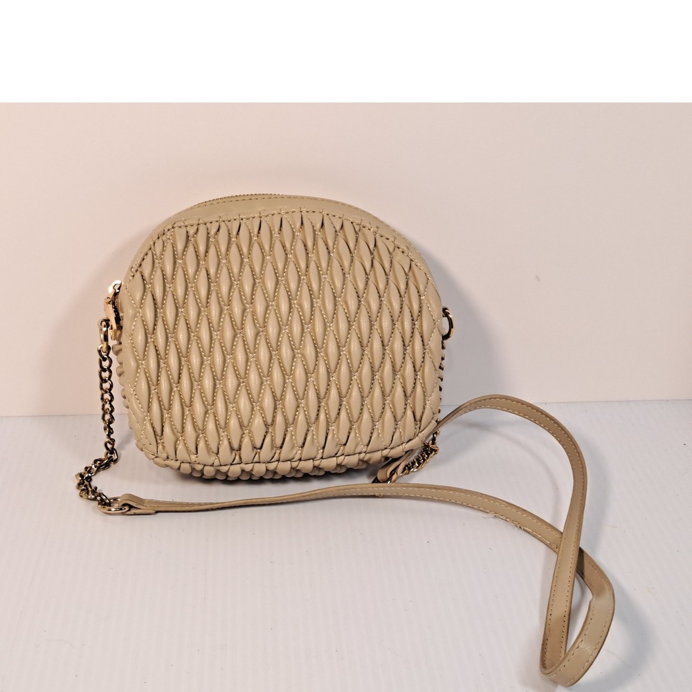 Le Miel Beige Quilted Vegan Leather Crossbody Dome Camera Bag Gold Chain Strap